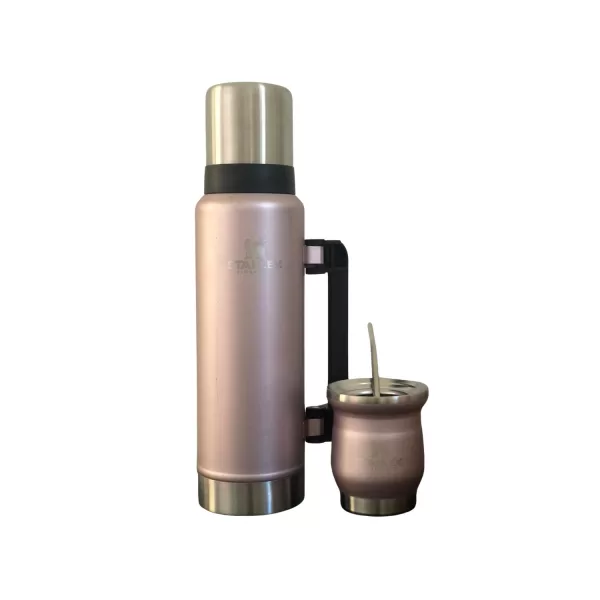 Combo Premium Bombilla + Mate + Termo 1.3 Litros Simil Stanley color ROSA CHAMPAGNE